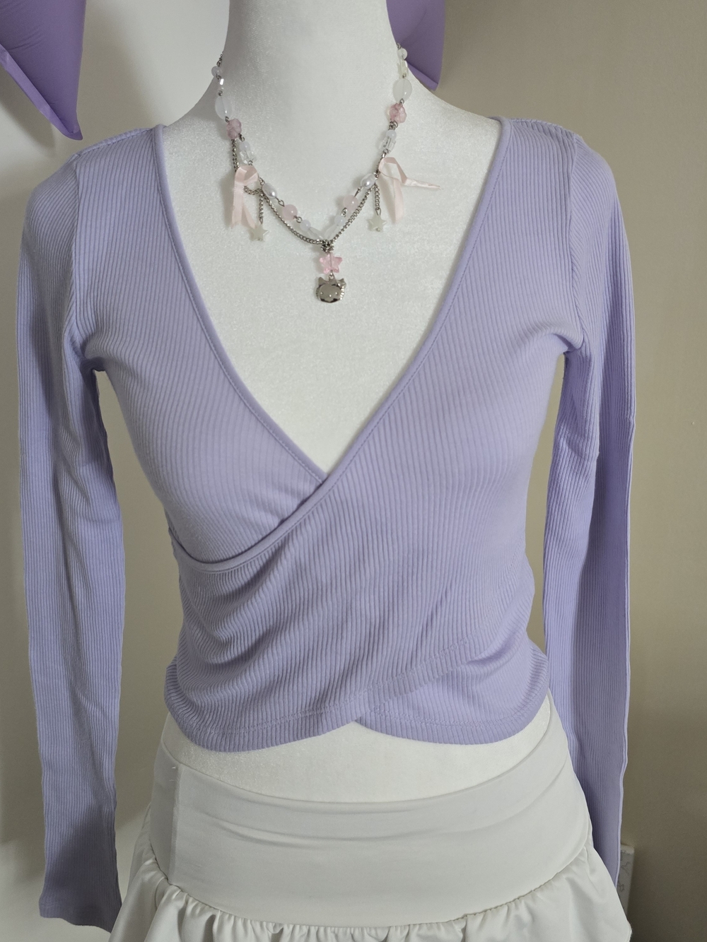 Aritzia The Group by Babaton Ribbed Wrap Top Lilac Purple Long Sleeve Crop XS